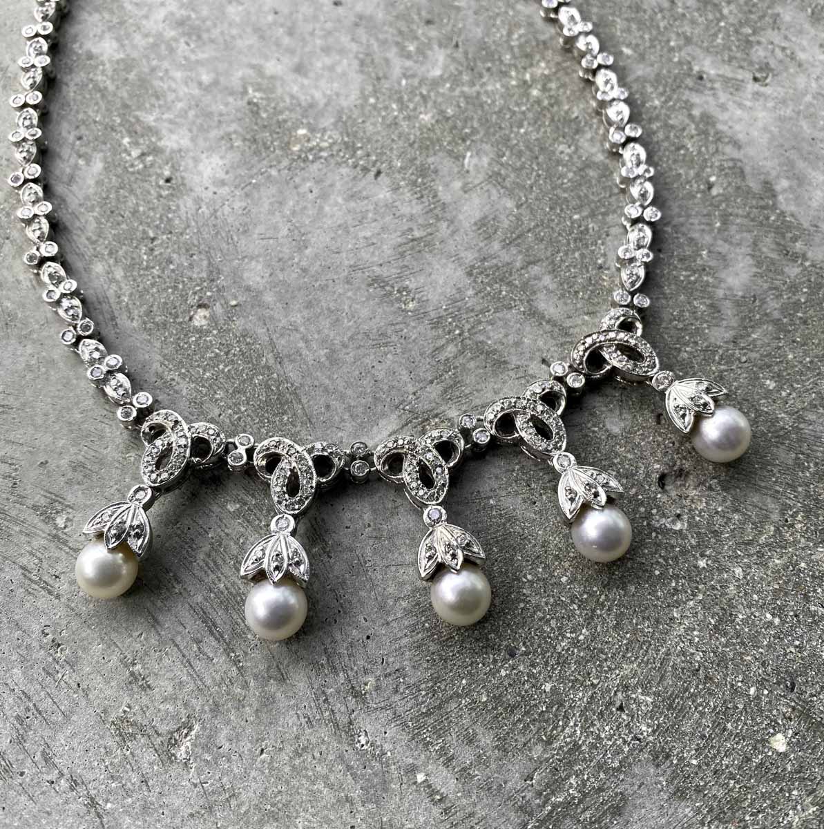 14K White Gold Necklace set with 5+ Carats of diamonds and Cultured Pearls