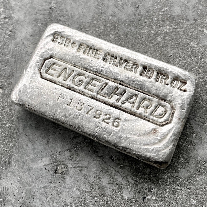 Engelhard 10oz Poured Silver Bar with waffle back and reverse stamping