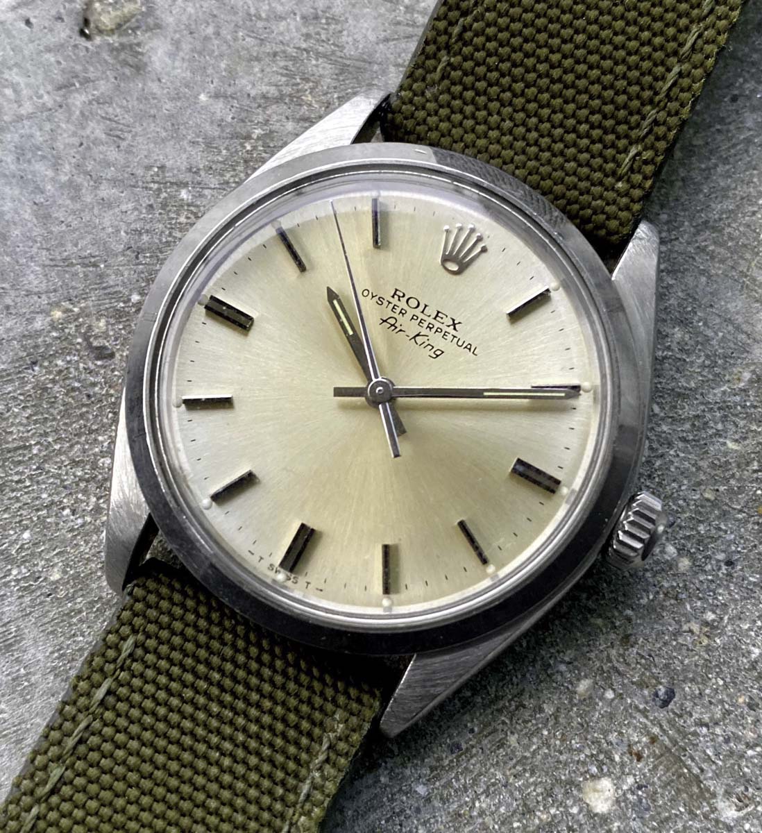 1979 Rolex Air King 34mm 5500 Silver Tropical Dial - Tobacco Patina on dial