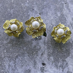 Flower design set with Akoya Pearl 18k White / Yellow Gold Ring + Earring Set