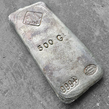 Load image into Gallery viewer, Vintage Johnson Matthey 500 Gram 1/2 Kilo Poured Silver bar
