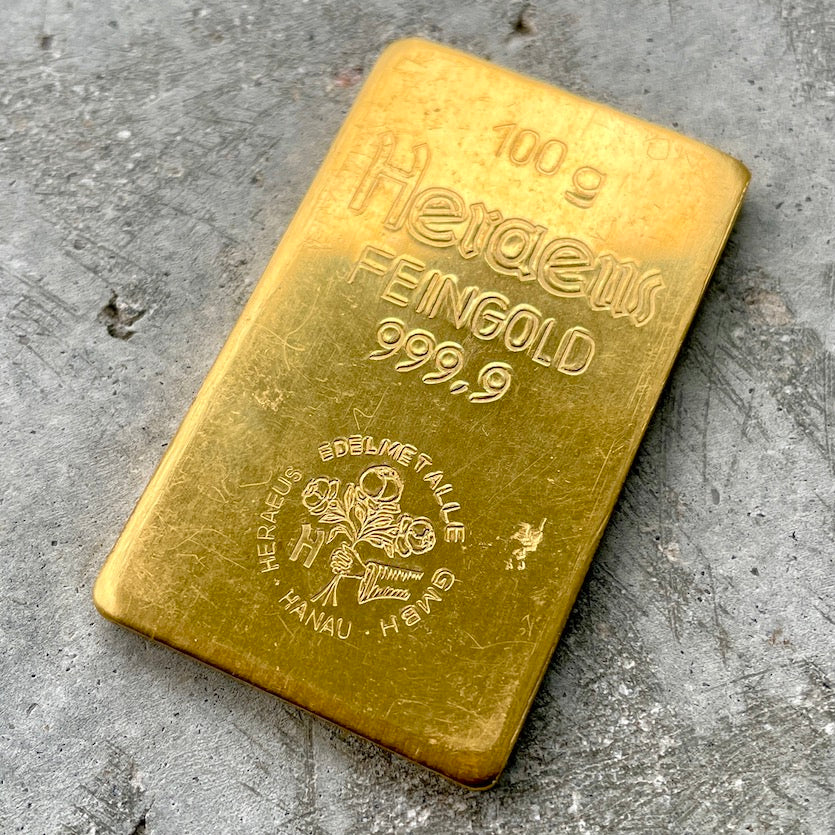 Heraeus Edelmetalle Hanau GMBH 100 Gram 3.215 oz Gold Bar Struck .999+