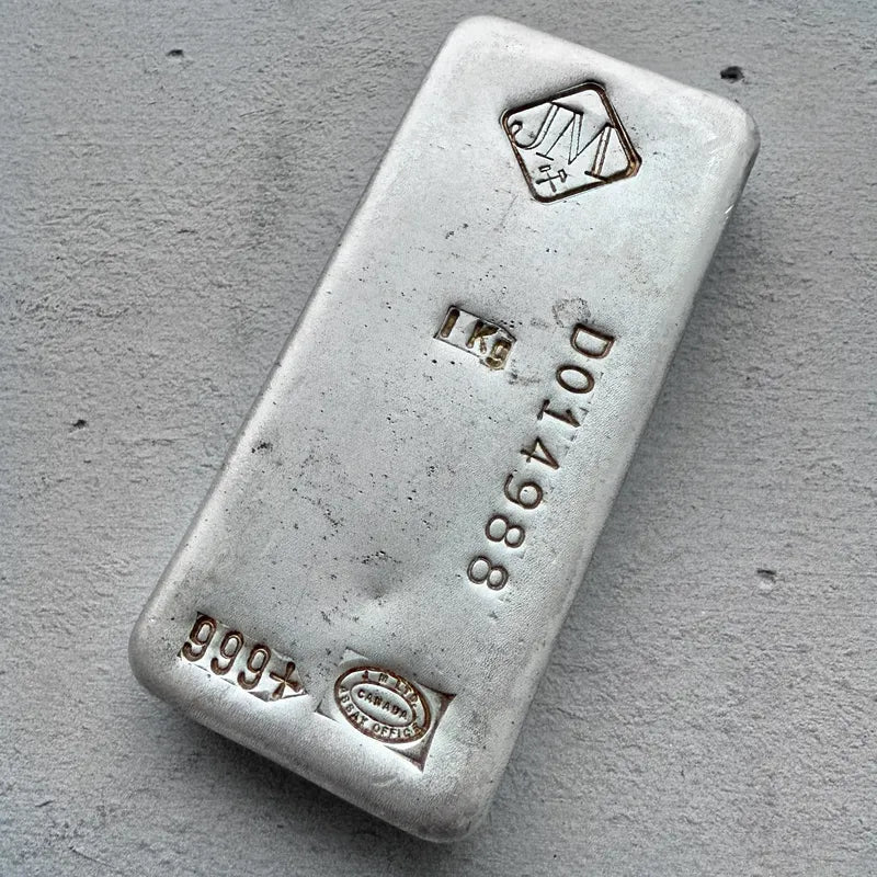 Johnson Matthey 1 Kilo .999 Silver Poured Bar 32.15 oz - D Serial