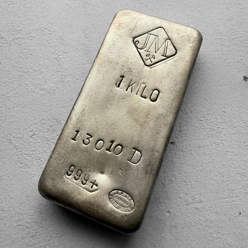 Johnson Matthey 1 Kilo .999 Silver Poured Bar 32.15 oz - D Serial -Pretty Patina