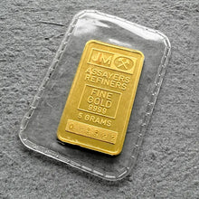 Load image into Gallery viewer, Johnson Matthey 5 Gram Gold Bar Logo Back Struck .9999+
