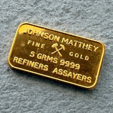 Load image into Gallery viewer, Australian Johnson Matthey 5 Gram Gold Bar .9999+ Matthey Garret

