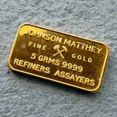 Australian Johnson Matthey 5 Gram Gold Bar .9999+ Matthey Garret