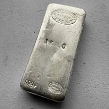 Load image into Gallery viewer, Johnson Matthey Mallory 1 Kilo .999 Silver Poured Bar 32.15 oz
