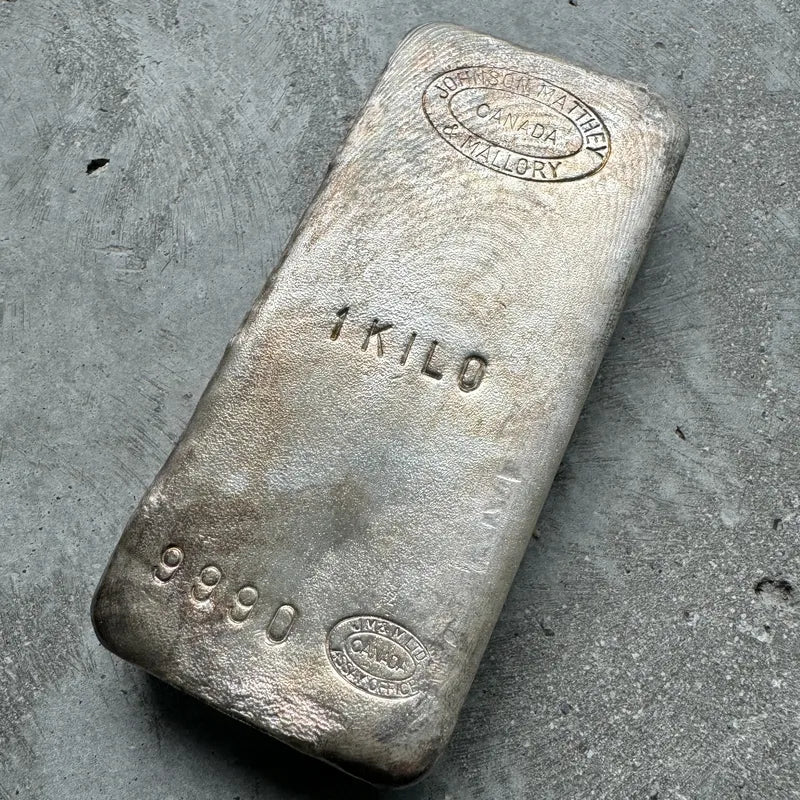 Johnson Matthey Mallory 1 Kilo .999 Silver Poured Bar 32.15 oz - Nice Pour Lines
