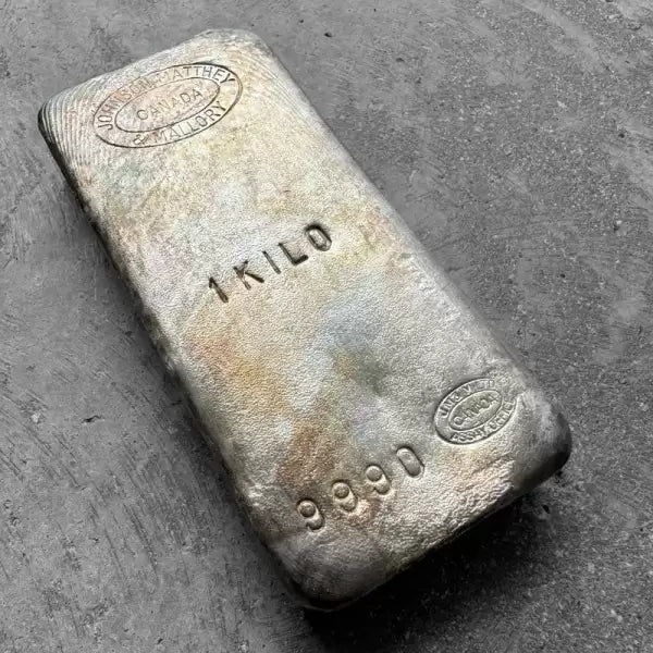 Johnson Matthey 1 Kilo .999 Silver Poured Bar 32.15 oz - D Serial -Pretty Toning