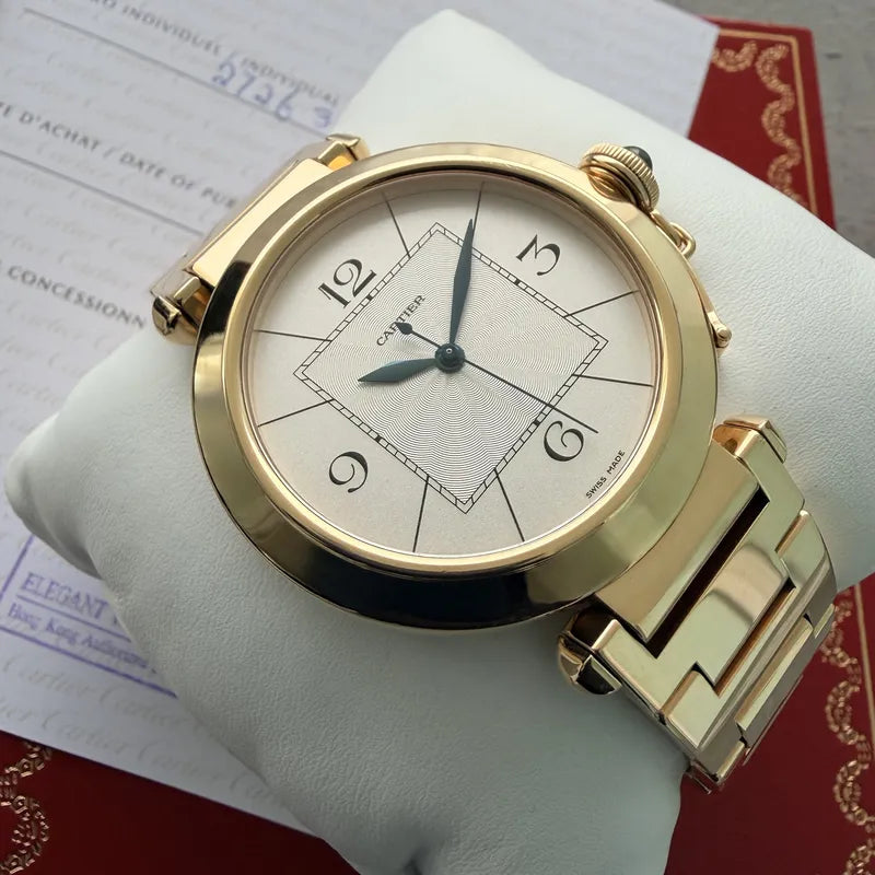 Mens 42mm 18k Gold Cartier Pasha 2726 - Box Papers +Cartier service 232 Grams
