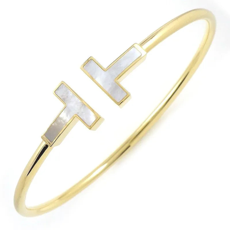 Tiffany & Co. Bangle T Wire Medium Open Mother of Pearl White Shell - Yellow Gol
