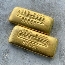 Load image into Gallery viewer, Pair of Engelhard 2 oz Gold Poured Bar .9999 Serial Number + Awesome Pour Lines
