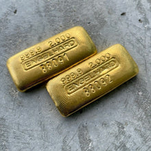 Load image into Gallery viewer, Pair of Engelhard 2 oz Gold Poured Bar .9999 Serial Number + Awesome Pour Lines
