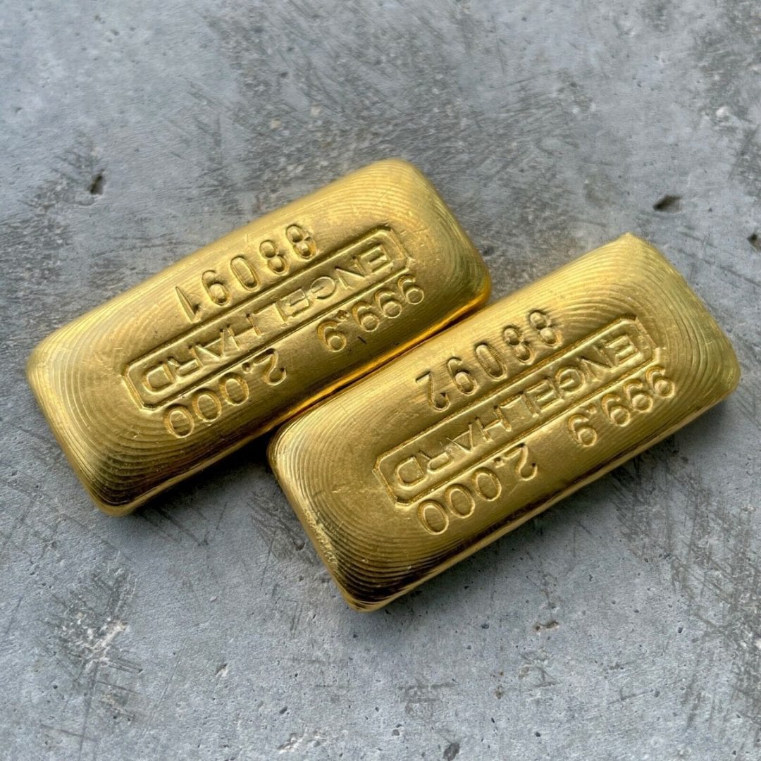 Pair of Engelhard 2 oz Gold Poured Bar .9999 Serial Number + Awesome Pour Lines