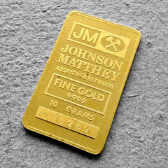 RARE Johnson Matthey blank back 10 Gram Gold Bar Struck .9999+ Cara 15 Years
