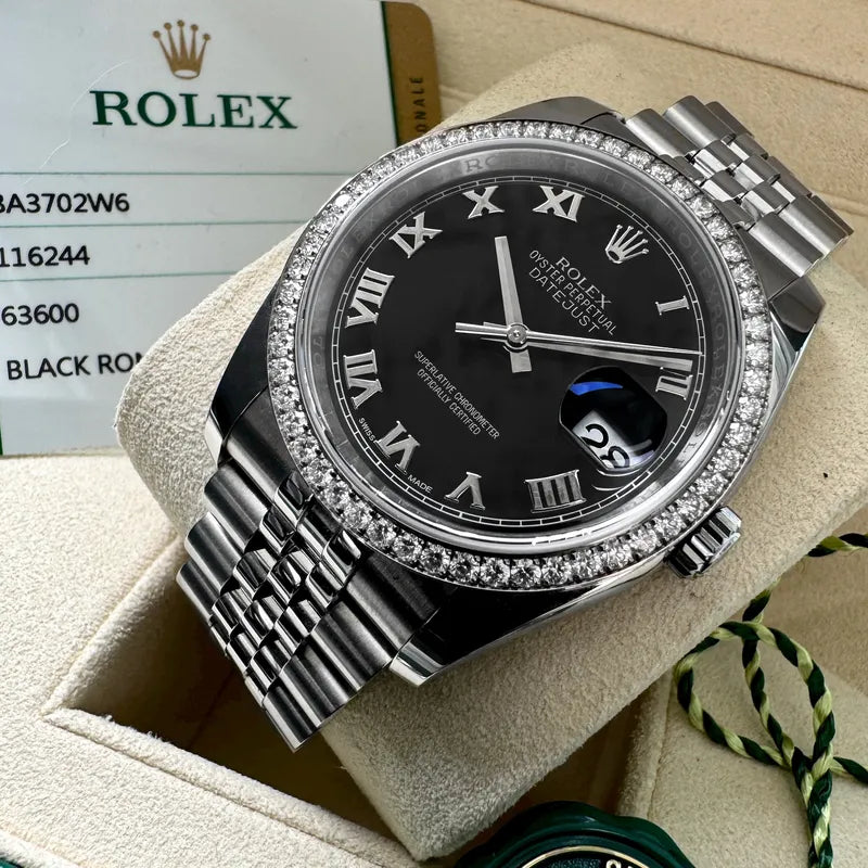 Rolex 36mm Datejust 116244 Black Roman Numeral Box/ Papers Factory Diamond Bezel