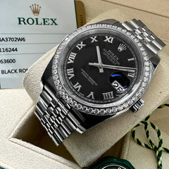 Rolex 36mm Datejust 116244 Black Roman Numeral Box/ Papers Factory Diamond Bezel