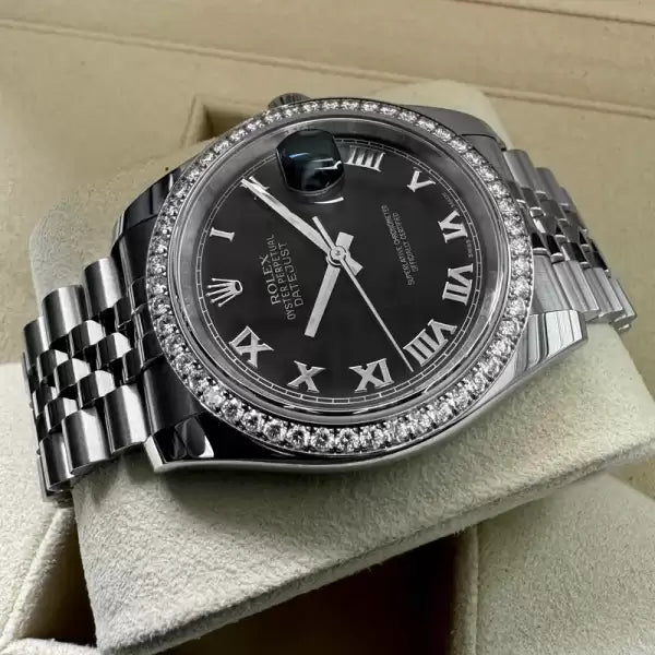 Rolex 36mm Datejust 116244 Black Roman Numeral Box/ Papers Factory Diamond Bezel