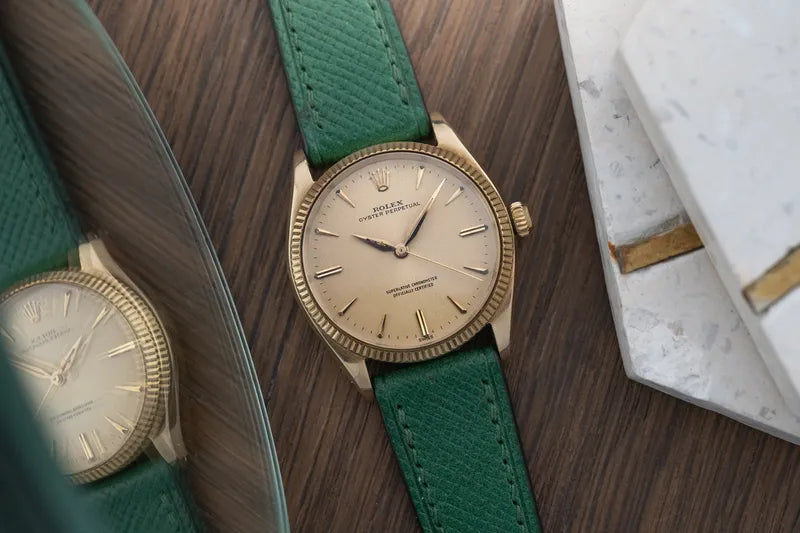 Rolex Oyster Perpetual Gold 1005 Fluted Bezel Alpha Douphine Hands