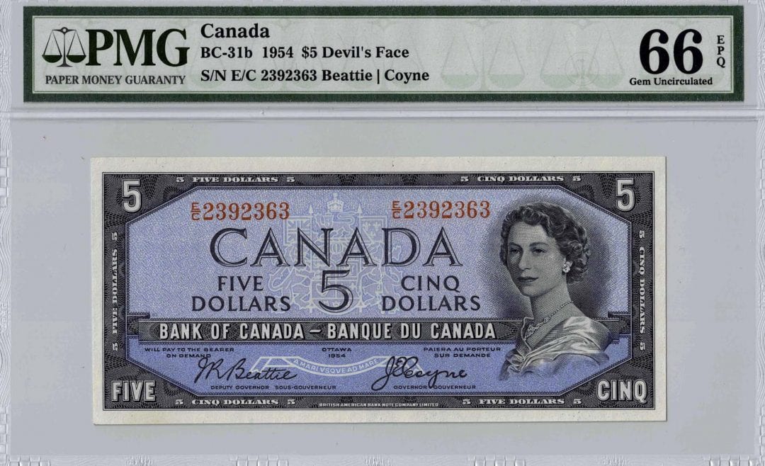1954 Bank of Canada $5 Devil Face - PMG Gem UNC-66 EPQ