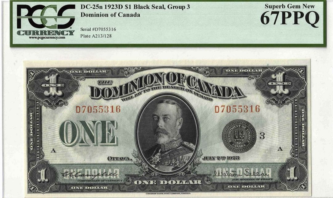1923 Dominion of Canada Black Seal $1 DC-25n - PCGS Superb UNC-67 PPQ