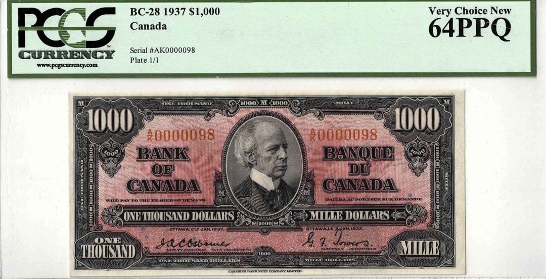 1937 Bank of Canada $1000 Banknote Low Serial 98