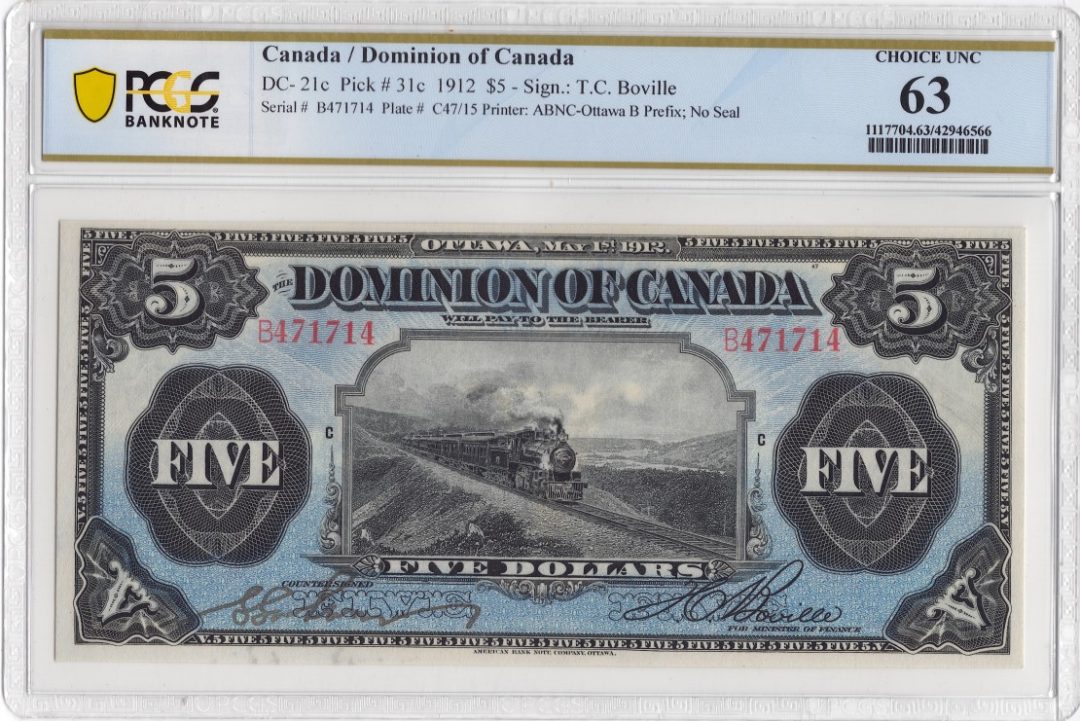 1912 $5 Dominion of Canada DC-21c - PCGS UNC 63 Choice UNC