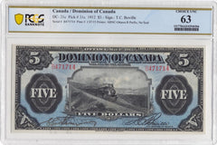1912 $5 Dominion of Canada DC-21c - PCGS UNC 63 Choice UNC