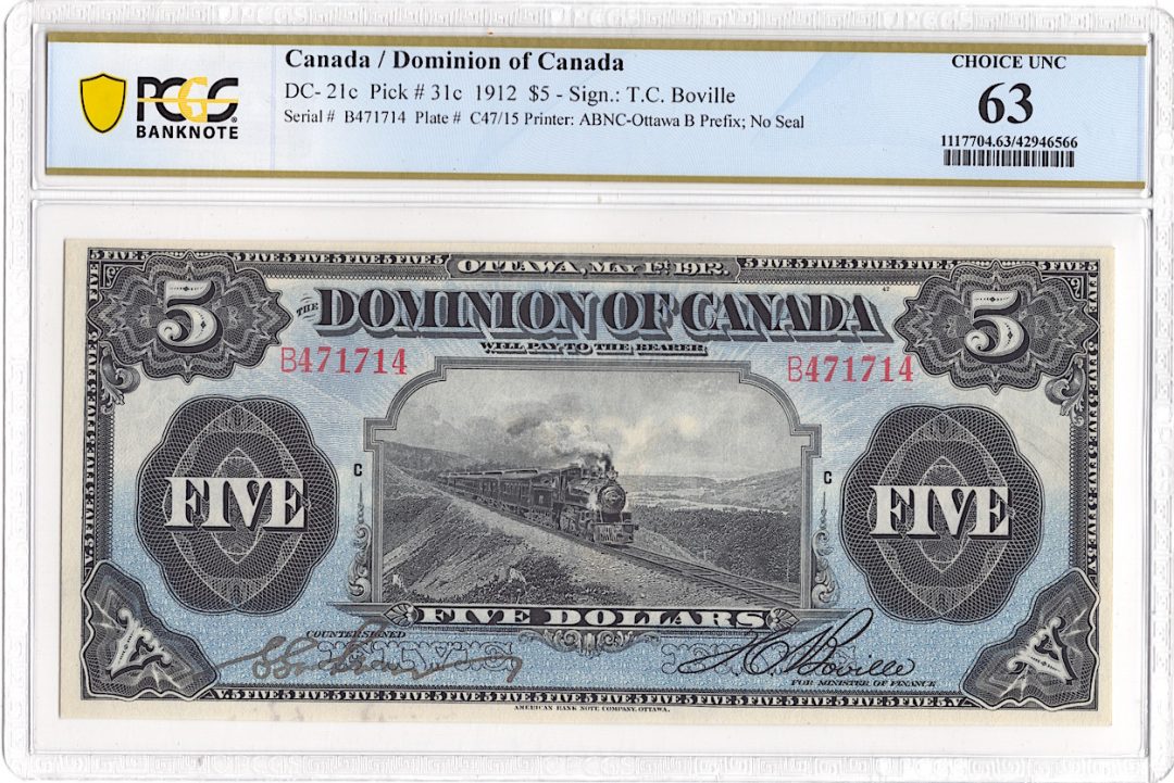 1912 $5 Dominion of Canada DC-21c PCGS UNC 63 PPQ Train Note