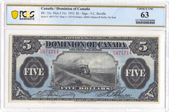 1912 $5 Dominion of Canada DC-21c PCGS UNC 63 PPQ Train Note