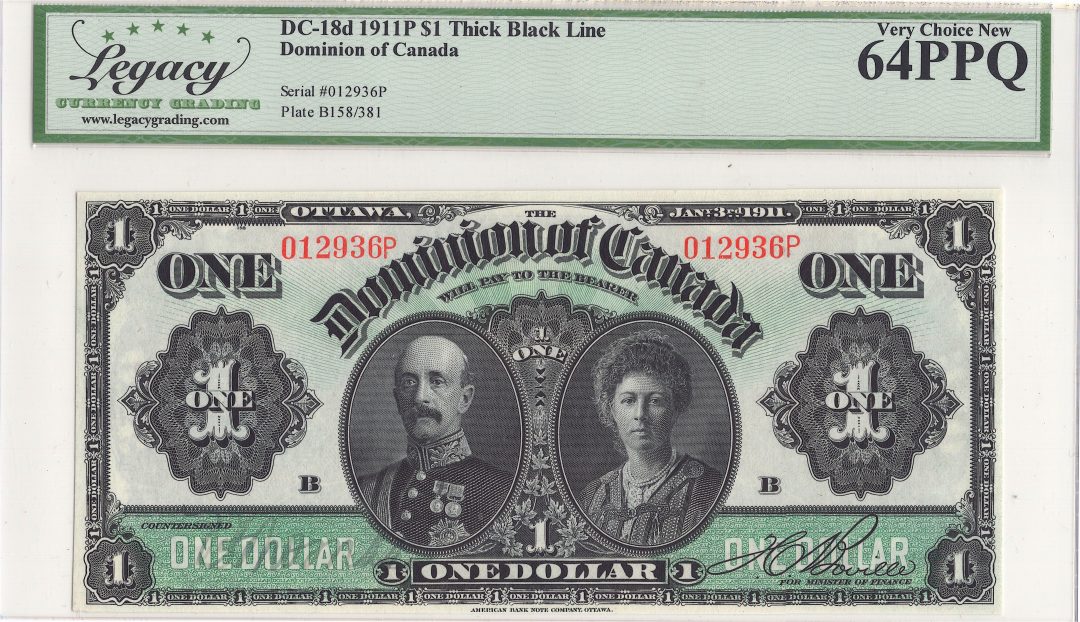 1911 $1 Dominion of Canada DC-18d - Legacy UNC 64 PPQ - Thick Black Line
