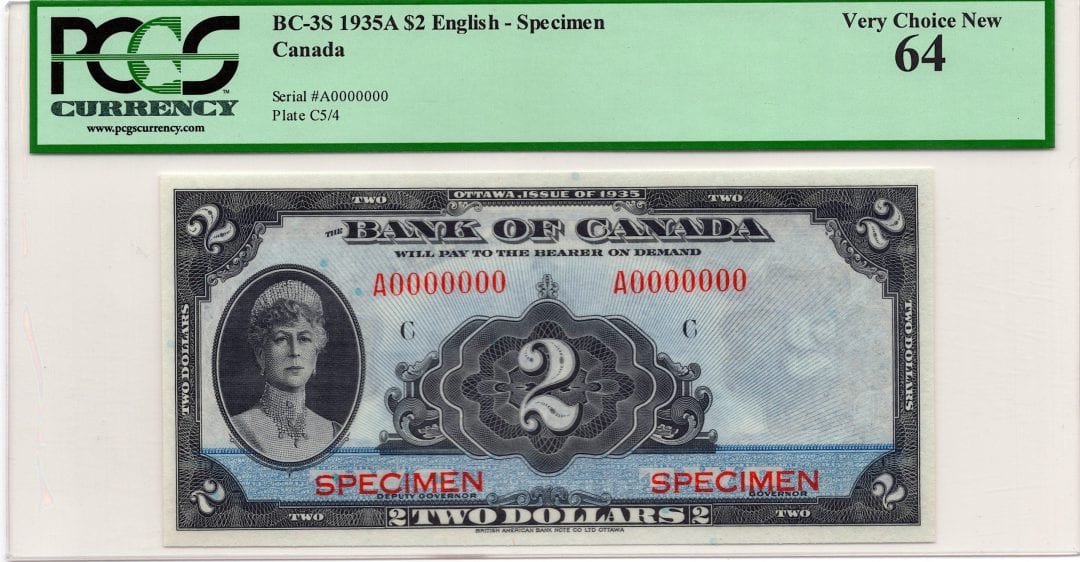 1935 $2 Bank of Canada Note English Specimen BC-3S - UNC-64