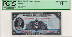 1935 $2 Bank of Canada Note English Specimen BC-3S - UNC-64