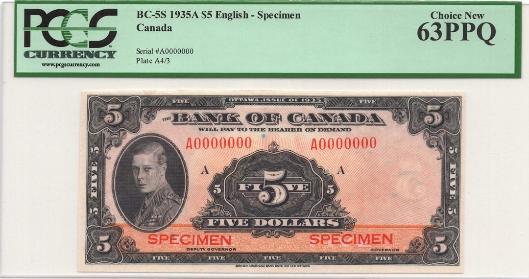 1935 A $5 Bank of Canada Note English Specimen BC-5S - UNC-63PPQ
