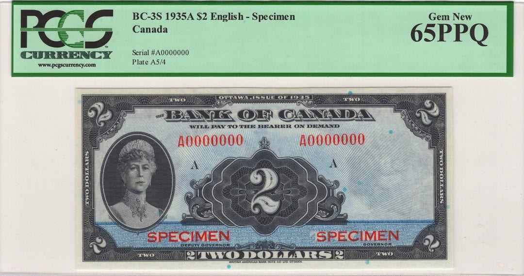 1935 A $2 Bank of Canada Note English Specimen BC-3S - UNC-65PPQ