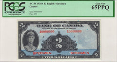 1935 A $2 Bank of Canada Note English Specimen BC-3S - UNC-65PPQ