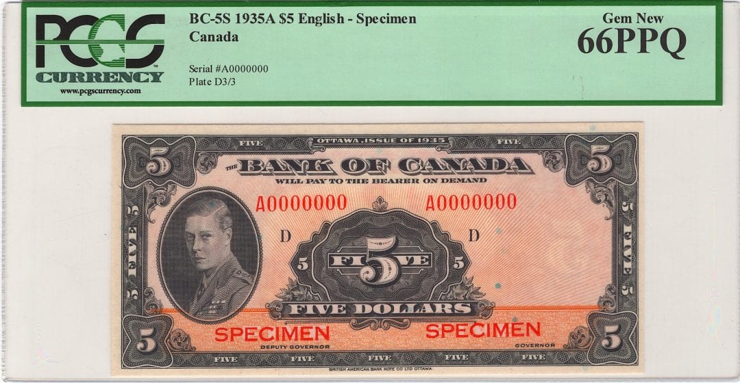 1935 $5 Bank of Canada Note English Specimen BC-6S - UNC-66PPQ