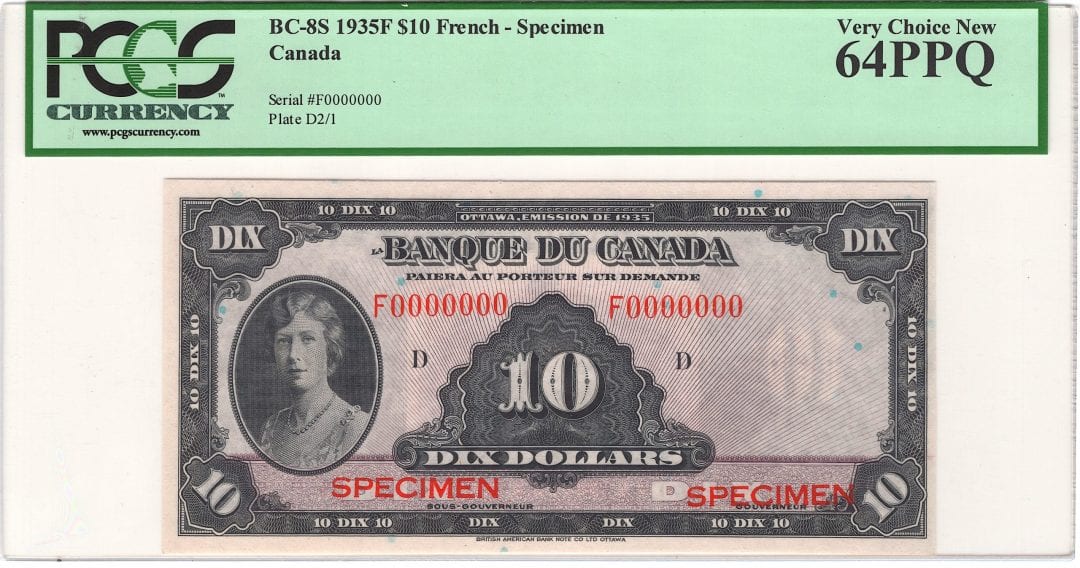 1935 F $10 Bank of Canada Note French Specimen BC-8S - UNC-64PPQ