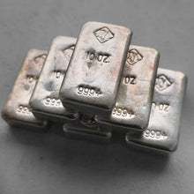 Load image into Gallery viewer, Set of 6 x 10 oz Johnson Matthey Poured .999 Silver bar - 6 Bars Total

