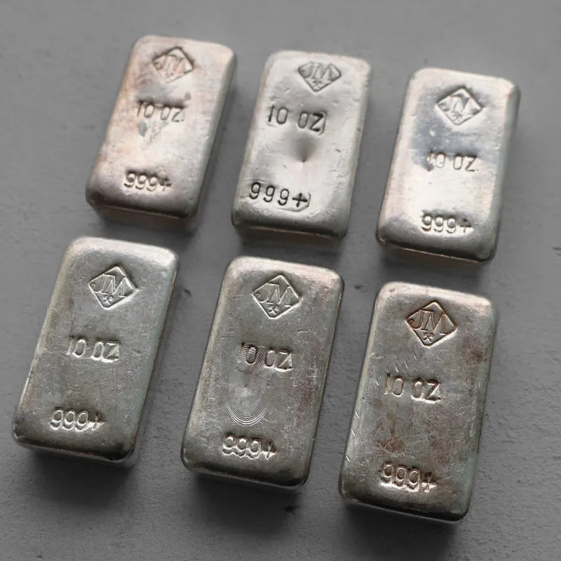 Set of 6 x 10 oz Johnson Matthey Poured .999 Silver bar - 6 Bars Total