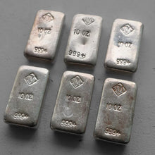 Load image into Gallery viewer, Set of 6 x 10 oz Johnson Matthey Poured .999 Silver bar - 6 Bars Total
