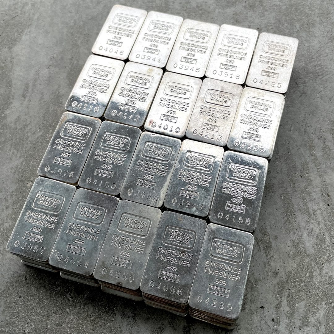 Group of Vintage National Dallas 1oz .999 Fine Silver Bars