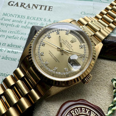 Unworn 36mm Rolex President Gold 18238 Box Papers String Diamond Dial + Stickers
