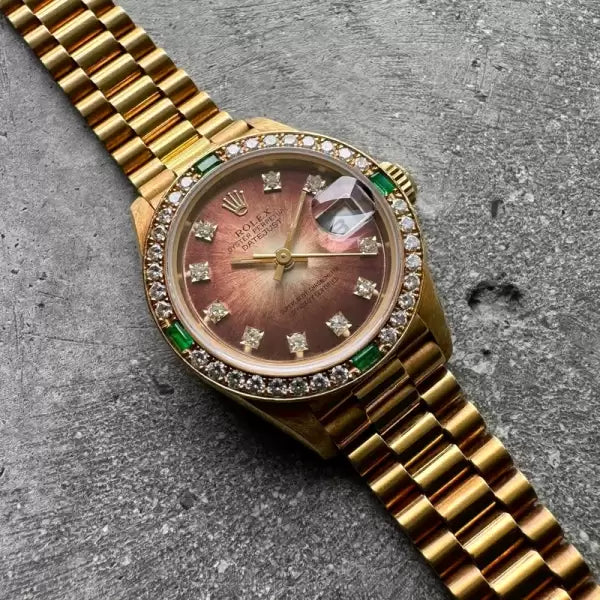 Unworn Ladies Rolex President Gold 69078 Diamond Dial Emerald - Tropical Dial