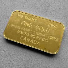 Load image into Gallery viewer, Vintage 100 Gram Johnson Matthey &amp; Mallory Limited Canada 3.215 oz Gold Bar 9999
