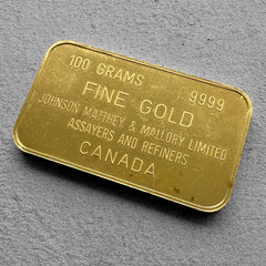 Vintage 100 Gram Johnson Matthey & Mallory Limited Canada 3.215 oz Gold Bar 9999