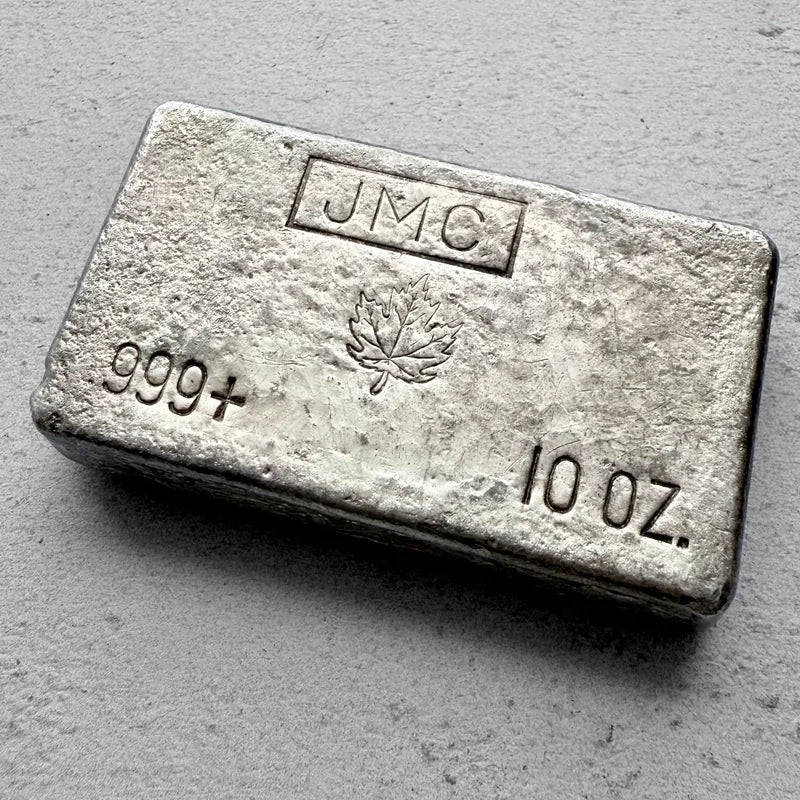 Vintage 10 oz .999 Silver JMC Johnson Matthey Company Poured bar - Maple Leaf