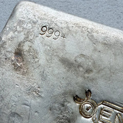 Vintage 20 oz .999 Silver Engelhard Poured bar - Super cool Doubling Error!