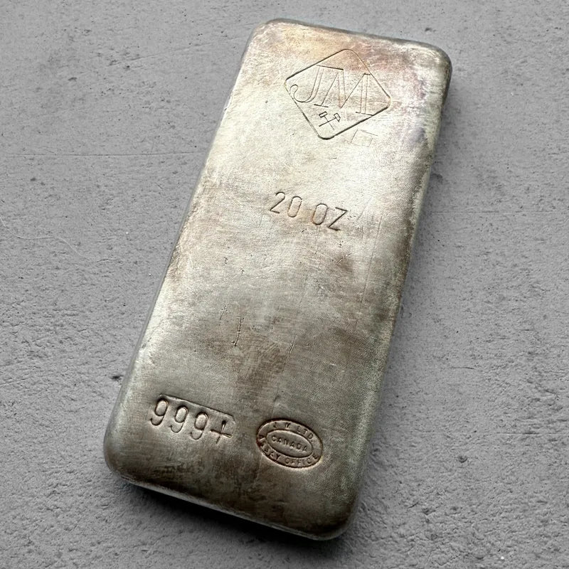 Vintage 20 oz .999 Silver Johnson Matthey Poured bar - Attractive example